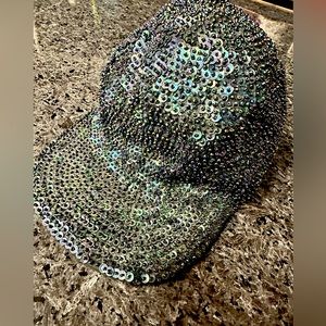 Vintage beaded and duo chrome sequin black ball cap hat 90s